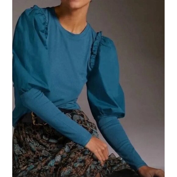Anthropologie Sunday in Brooklyn Womens Puff Slv ruffle contrast teal top M - Picture 3 of 11